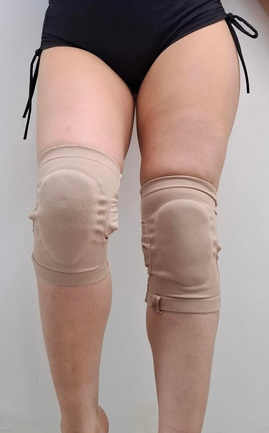 PolEssentials Grippy Gel Knee Pads, in Tan shade, close up and on a dancer
