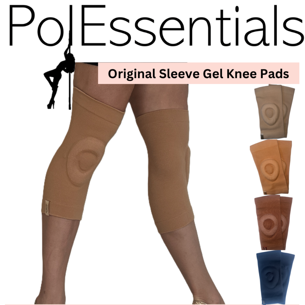 PolEssentials Grippy Gel Knee Pads, in Tan shade, close up and on a dancer