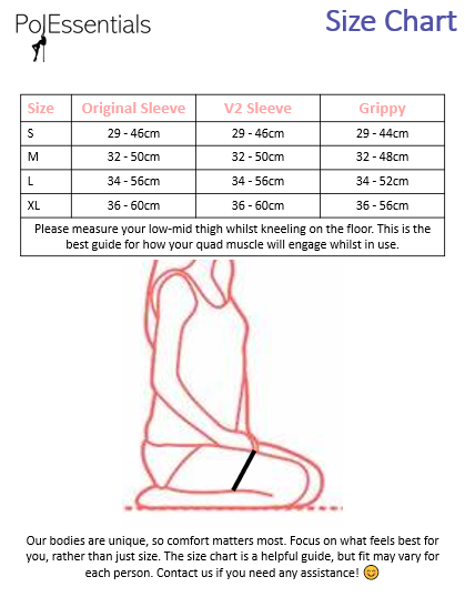 PolEssentials size chart for V2 Sleeve Gel Knee Pads – shows S and M sizing and mid-thigh fit guide