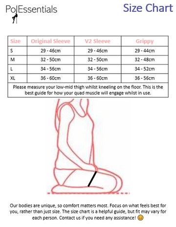 PolEssentials size chart for V2 Sleeve Gel Knee Pads – shows S and M sizing and mid-thigh fit guide