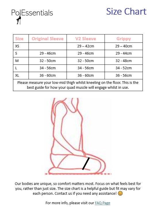 PolEssentials size chart for pole dancing Gel Knee Pads 