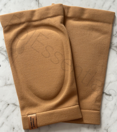 Tan V2 Sleeve Gel Knee Pads by PolEssentials – slim, grippy fit for pole dancing and twerk choreography
