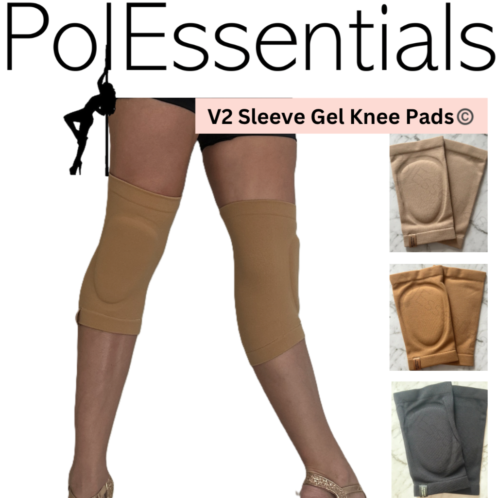PolEssentials V2 Sleeve Gel Knee Pads, in Tan shade, close up and on a dancer